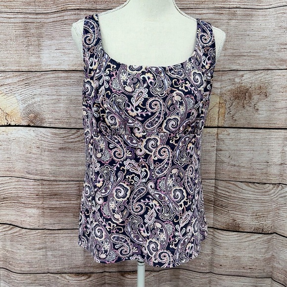 Lands' End Women's Navy Retro Paisley Print Square Neck Tankini Size 14D - Picture 1 of 13